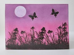 a purple card with black butterflies flying in the sky over tall grass at night time