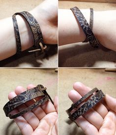 four pictures of different types of bracelets on someone's hand, one with an open clasp and the other without