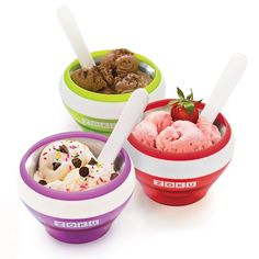 three bowls filled with different types of ice cream