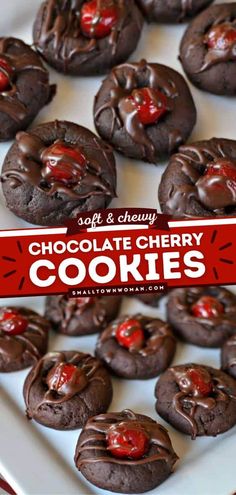 chocolate cherry cookies are on a white plate