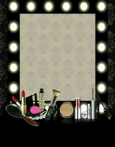 a mirror with lights and makeup on it