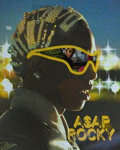 a man with yellow sunglasses on his head and the words asap rocky in front of him