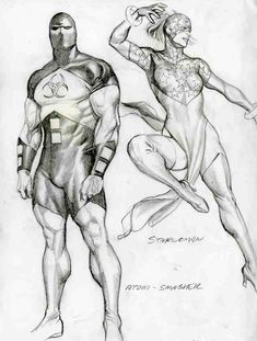 a drawing of two superheros standing next to each other, one in the air