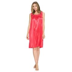 This Women's Lace Trim Lounger Tricot Night shirt from Casual Nights is made from lightweight silky smooth poly fabric offering an ultra-comfortable yet flattering fit. Gown Features; crew neckline with flower lace sheer yolk, ruffled trim with satin bow accent, sleeveless, flirty full knee length approx. 38 inches with feminine flair. Youll love slipping it on under your clothes as a slip or as sleep dress and match it with your favorite robe. This sleepwear nightgown is a great option for thos Red Camisole Nightgown For Bedtime, Red Fitted Summer Nightgown, Red Camisole Nightgown, Party Nightgown With Lace Trim, Sleeveless, Red V-neck Summer Nightgown, Sleep Dress, Night Shirt, Women Lace, Sheer Lace