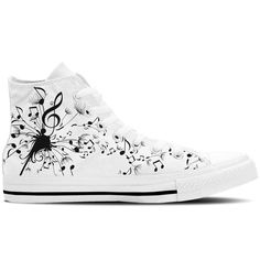 Music brings us all together, and can match any mood you have. A melody can move through the air much like dandelion seeds in the wind, and this bold design elegantly marries the two together in a Kik that is ideal for the musician and those with a passion for tunes alike. Not just good looks! We've always believed these classic sneaker only get better with age and use. It shows character, it shows you've been places and done things. With this in mind, our focus has always been on building a qua Men's High Top Sneakers, Music Symbols, Mens High Tops, Painted Shoes, Classic Sneakers, High Top Shoes, Dinosaur Print, Custom Shoes, Converse High Top Sneaker