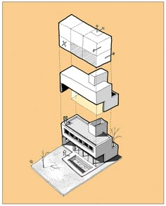 an architectural drawing of the exterior of a building, with three levels above and below it