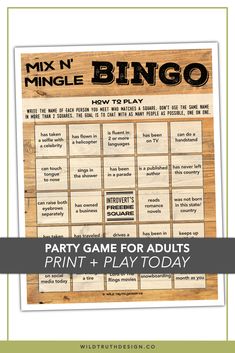 a printable game for adults to play with the text mix n'mingle bingo