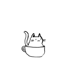 a black and white drawing of a cat in a cup