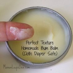 a person pointing at the label on their lip balm bottle that says perfect texture homemade bum balm with paper safe