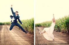 a man and woman jumping in the air on a dirt road with corn fields behind them