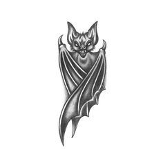 a black and white drawing of a bat with fangs on it's back end