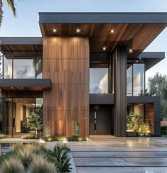 a modern house with large windows and wooden accents on the front door, surrounded by palm trees