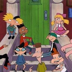 cartoon characters sitting on steps in front of a green door with their hands up to the ground