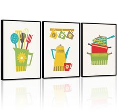 three framed art prints depicting kitchen utensils and cooking utensils on white background