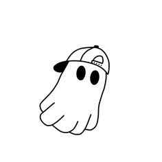 a black and white drawing of a ghost wearing a baseball cap with eyes drawn on it