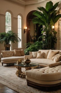 a living room filled with lots of furniture next to a plant in a window sill