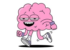 a pink brain running with glasses on it's face and arms, while smiling