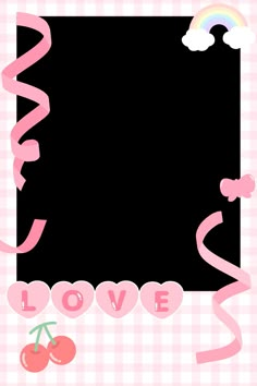 a pink gingham background with the word love and cherries