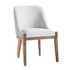 an upholstered white chair with wooden legs