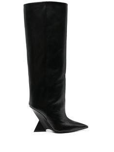 black calf leather pointed toe knee-high high wedge heel Luxury Black High-shaft Knee-high Boots, Farfetch Boots, Attico Boots, The Attico Shoes, Luxury Black Knee-high Boots With Block Heel, Luxury Black Ankle-high Boots, Long Black Boots Farfetch, High Wedges, High Leather Boots