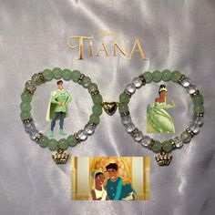 the princess and the frog bracelets are shown on a satin background with an image of prince and princess