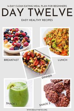 the day twelve meal plan for beginners with pictures of different foods and drinks on it