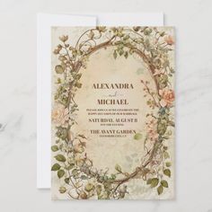 an elegant wedding card with roses and leaves on it, featuring the words alexandria and michael