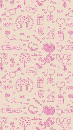 valentine's day wallpaper with hearts, balloons and gifts on it in pink