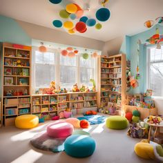 a child's room with lots of bookshelves and toys on the floor