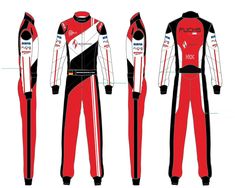 an image of a red and white racing suit with black details on the front, back and side views