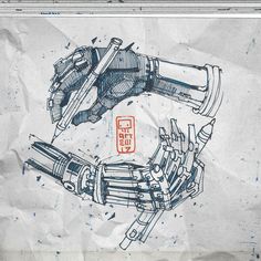 a blueprint drawing of a hand holding a large object with two hands on it