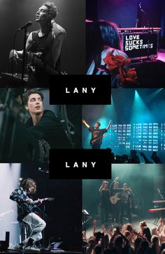 many different pictures with the words lany on them and people in front of them