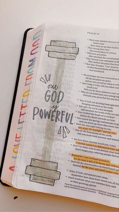 an open bible with the words god is powerful