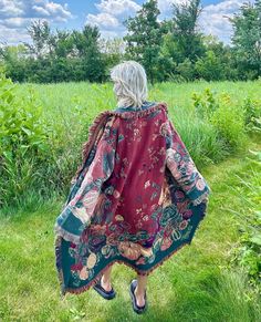 Introducing my latest creation!  Upcycled two beautiful vintage tapestry blankets into this dreamy, boho blanket duster. Complete with front toggle closure and double front pockets.  Perfect statement piece for breezy seaside mornings, late nights at festivals, dinner dates, or lounging around the house. Measurements: Overall length: 55" Chest: 45" Shoulder to wrist:  22" 100% cotton. Sustainable, comfortable and durable. Machine wash, tumble dry on low heat. This statement jacket was made with all of my heart, for any human, anywhere, that may be attracted to its vibe! My intention is that the piece will amplify the divine nature of your inner being. ✨🌙 House Measurements, Inner Being, Boho Blanket, Tapestry Blanket, Dinner Dates, Divine Nature, Blanket Coat, Statement Jacket, Vintage Tapestry