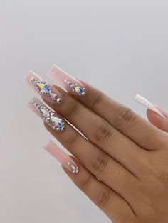 Long Square Nails White, Rhinestone Nails Acrylic, Nude Nails Rhinestones, White Nude Nails, Nail Gem Designs, Square Nails White, Ambre Nails, Snake Skin Nails, Acrylic Nails Long