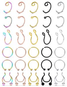 several different types of hoops and hooks on a white background, all in various colors