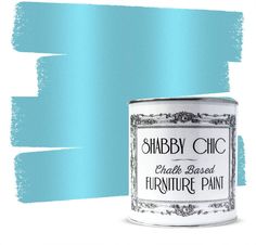 a blue paint can with the words shabby chic on it in black and white