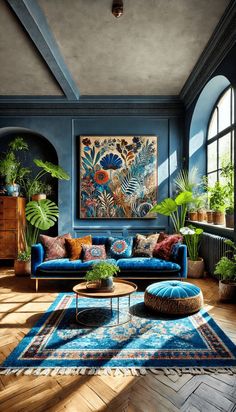 a living room with blue walls and wooden flooring, large painting on the wall