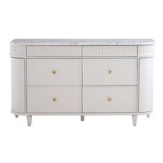 a white dresser with marble top and drawers