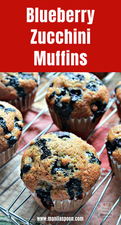 blueberry zucchini muffins on a cooling rack with text overlay