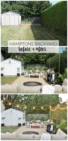 the backyard before and after it has been transformed into an outdoor living area with lots of seating