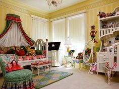 a bedroom decorated in bright colors with lots of furniture