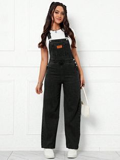 Black Casual Collar Sleeveless Denim Letter Overall Embellished Non-Stretch  Women Clothing Overalls Black Outfit, Top And Bottom Set For Women, Overalls Jumpsuit Outfit, Pinafore Jumpsuit Outfit, Black Denim Overalls Outfit, Overall Jeans Outfit, Dungarees Outfit Women, Black Overall Outfit, Jeans And T Shirt Outfit Women