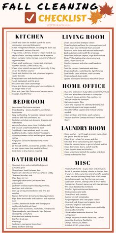 the fall cleaning checklist is shown in red and white with an orange border around it