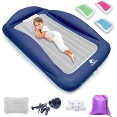 an inflatable bed with pillows and accessories for the child to use on it