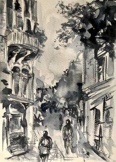 black and white drawing of people walking down the street