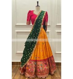 Half Saree Lehenga Green, Half Saree Duppata Styles, Half Sarees Lehenga, Bandini Lehenga Designs, Orange Half Saree Color Combos, Pithani Pattu Lehangas, Langavoni Half Saree, Paithani Half Saree Designs, Fancy Half Sarees