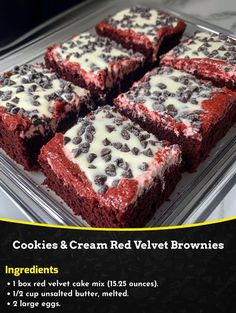 red velvet brownies with chocolate chips and cream in the middle are displayed on a plastic tray