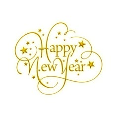 the words happy new year written in gold on a white background with stars and swirls