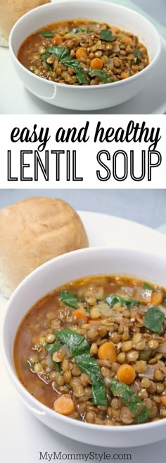 lentil soup in a white bowl with bread on the side